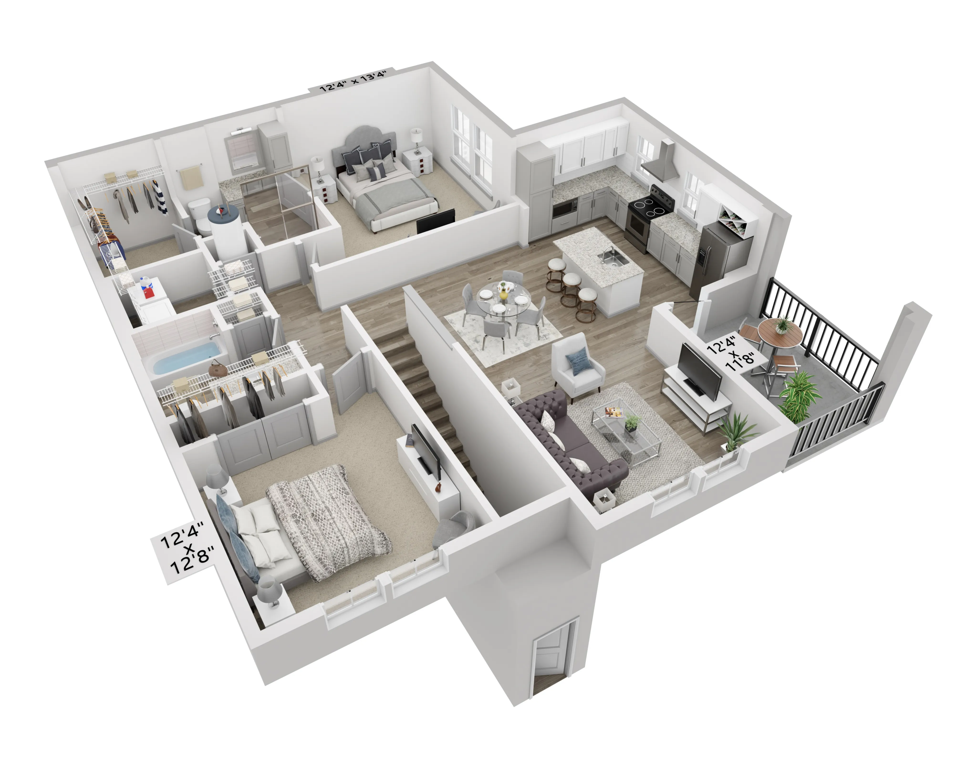 Chic 3D floor plan featuring two spacious bedrooms, modern kitchen, cozy living area, and private balcony.