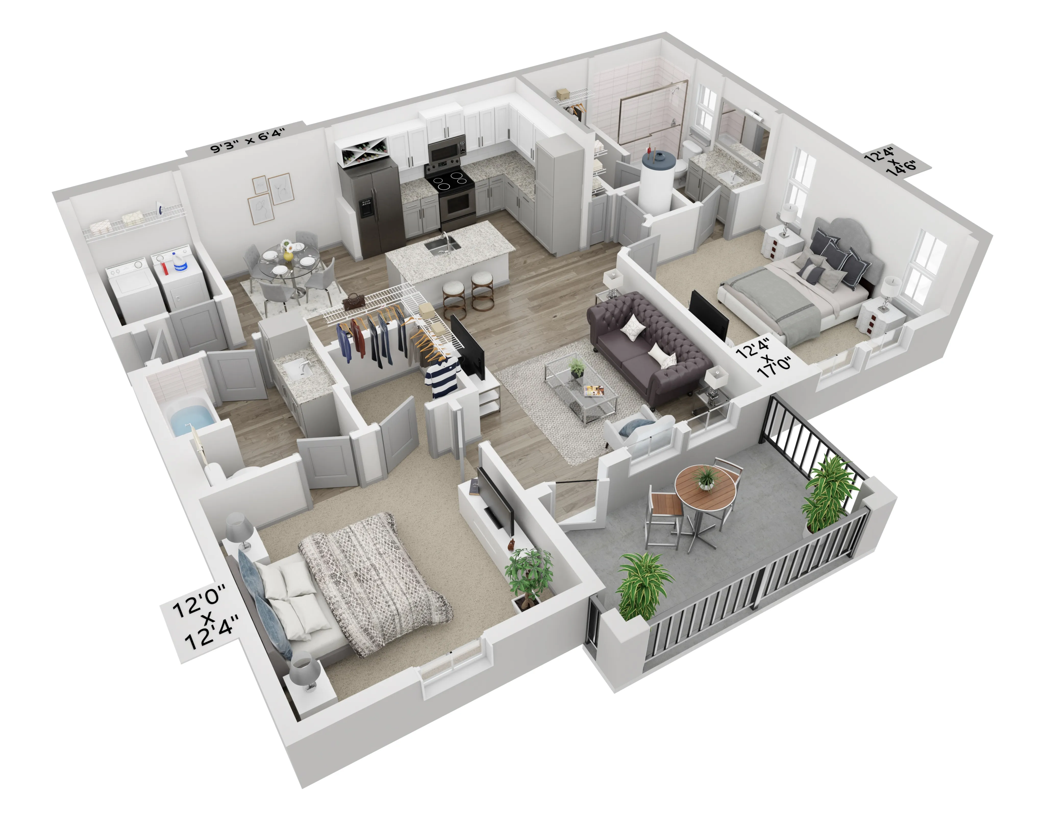 Chic 3D floor plan featuring 2 spacious bedrooms, modern kitchen with island, cozy living room, stylish balcony, and in-unit laundry.