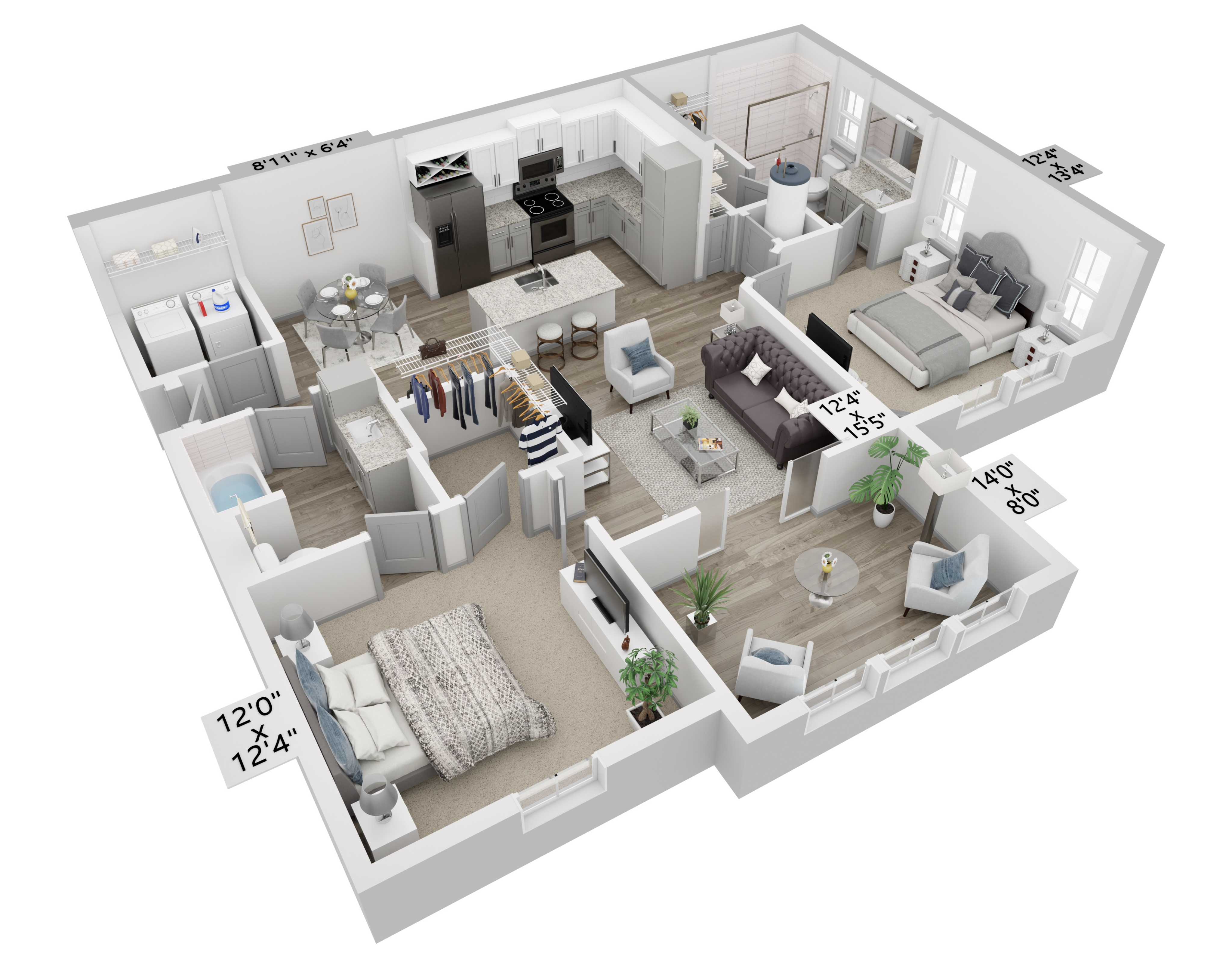 Modern 3D floor plan showcasing 2 spacious bedrooms, an elegant open-concept kitchen with island, cozy living area, and stylish bathroom. Includes a convenient laundry room and ample closet space, maximizing functionality and comfort.