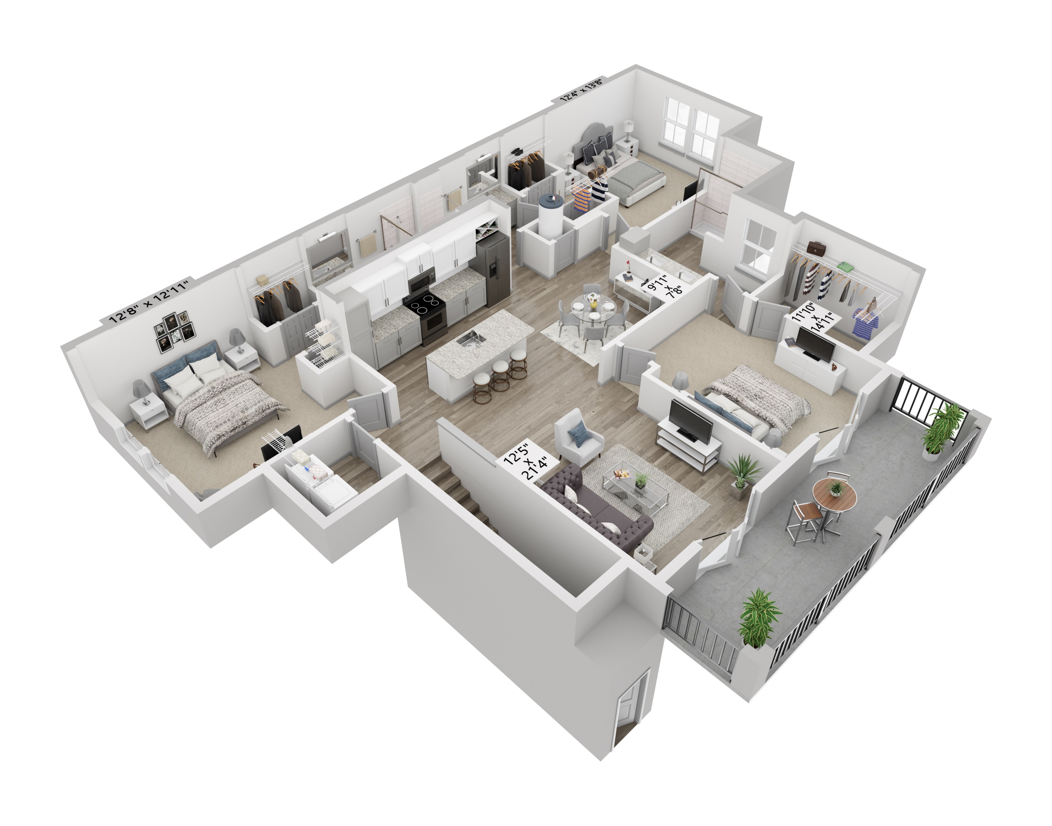 Modern 3D floor plan showcasing a spacious 3-bedroom apartment with large open living area, gourmet kitchen with island, elegant dining space, and balcony for outdoor leisure.