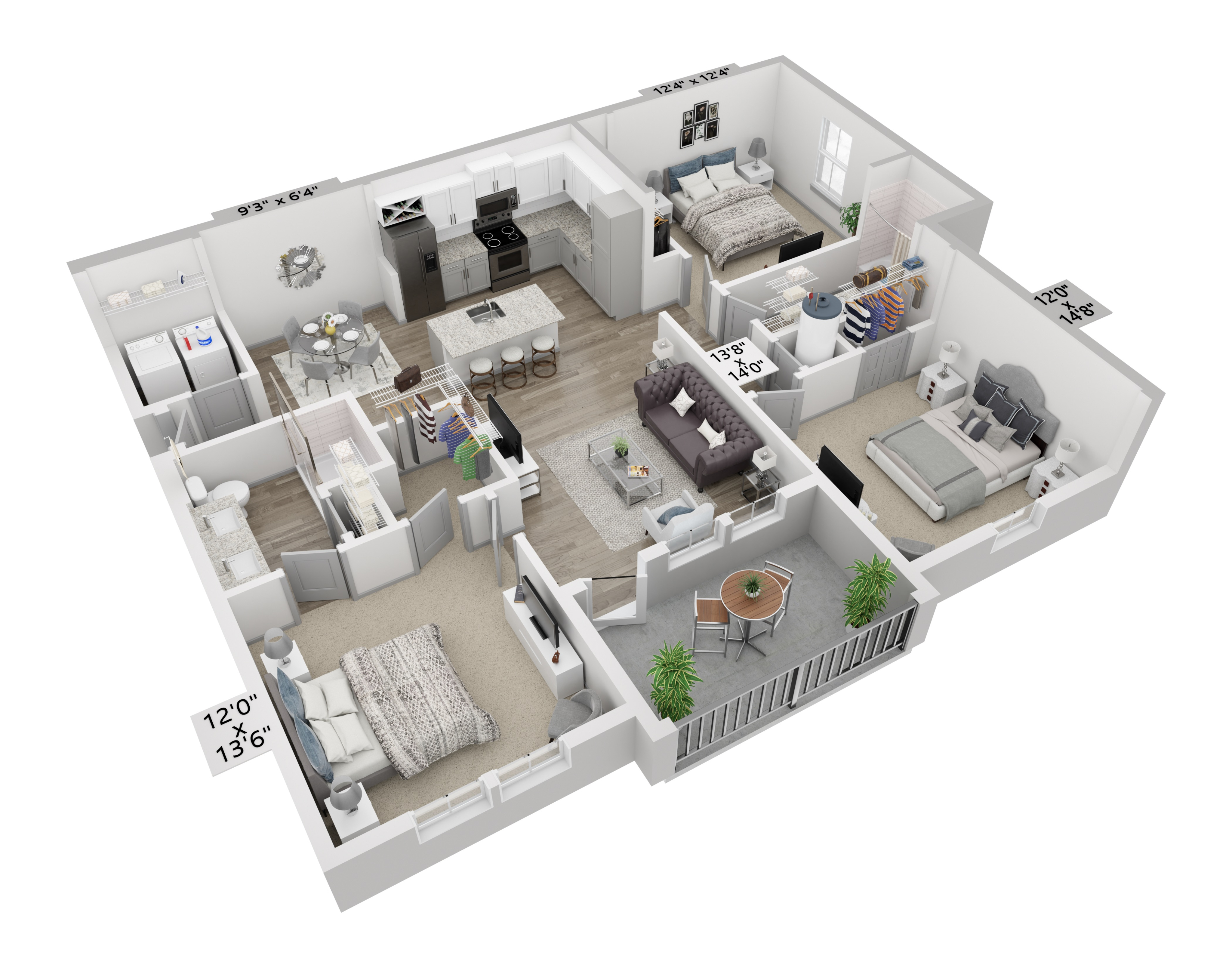 Modern 3D floor plan showcasing 3 spacious bedrooms, an inviting open-concept kitchen and living area, with a cozy balcony for relaxation.