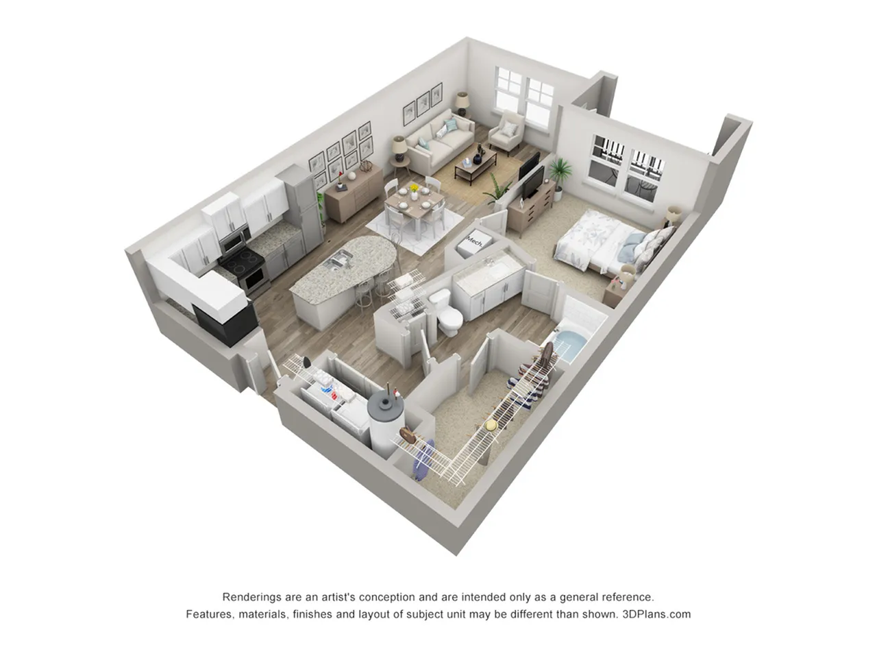 Modern 3D apartment floor plan featuring a spacious open-concept kitchen, cozy living room, and elegant bedroom.