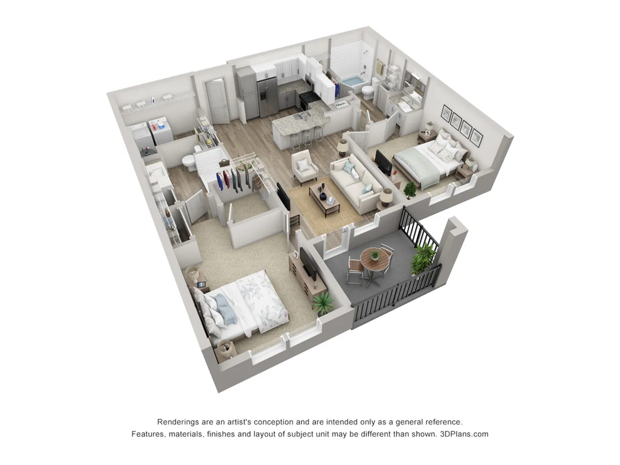 Modern 3D floor plan with two spacious bedrooms, elegant open-concept living area, fully-equipped kitchen, and a charming balcony.