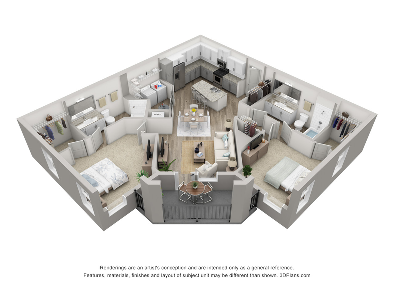 Contemporary 3D apartment layout featuring 2 bedrooms, 2 bathrooms, open living space, and modern kitchen with island.