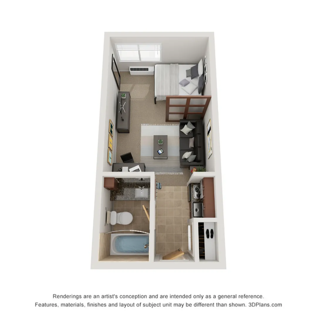 Chic 3D floor plan showcasing a cozy studio apartment with an open living area, modern kitchen, and stylish bathroom.