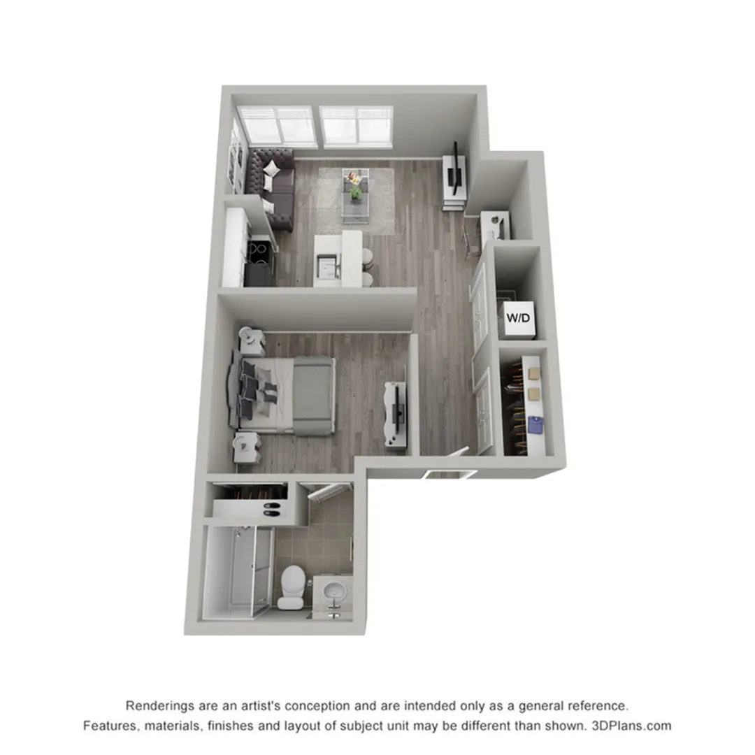 Modern 3D floor plan featuring 1 bedroom, cozy living room, sleek kitchen, and spacious bathroom with in-unit washer and dryer.