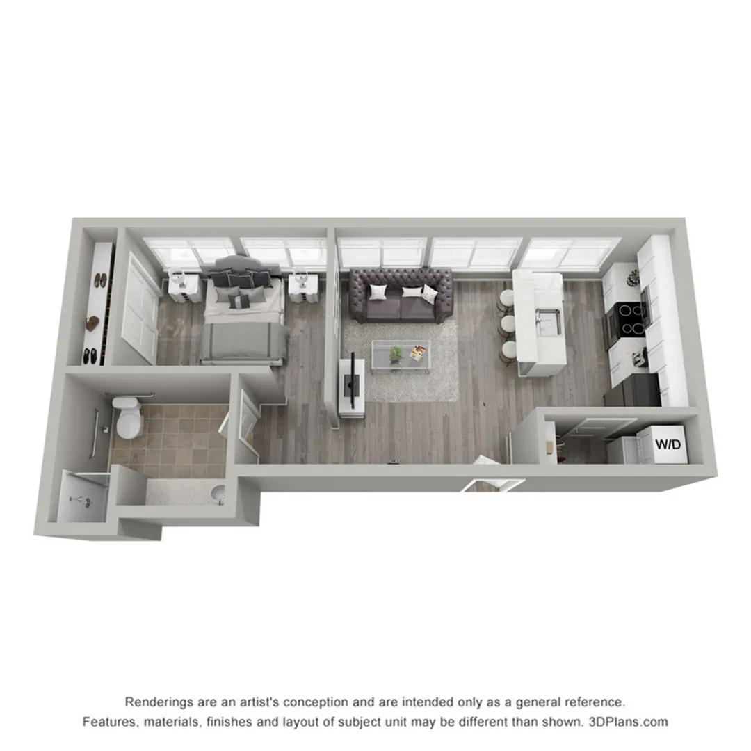 Modern 1-bedroom apartment floor plan featuring an open-concept living area, stylish kitchen with an island, cozy living room, and spacious bathroom.