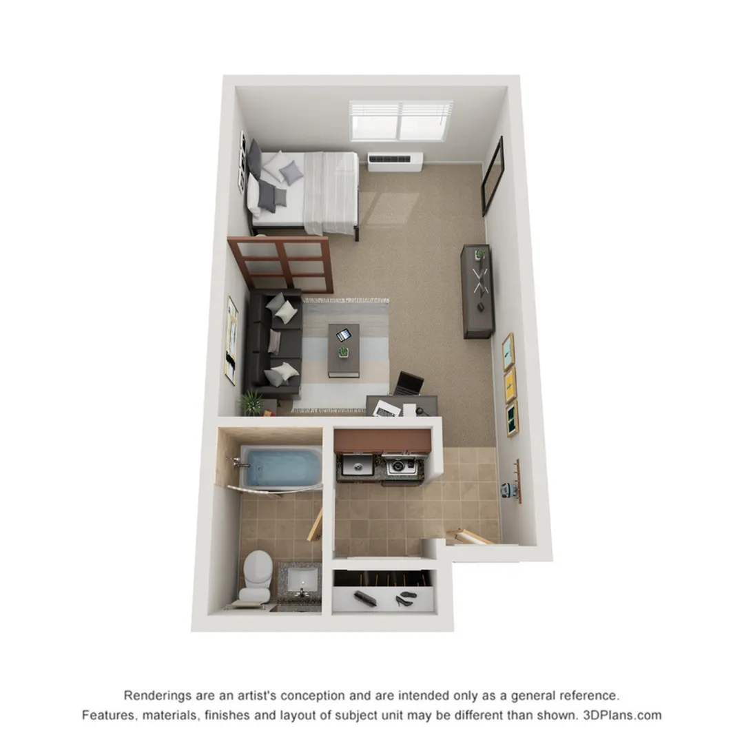 Chic studio apartment layout featuring a cozy bedroom area, modern living space, compact kitchenette, and a stylish bathroom.