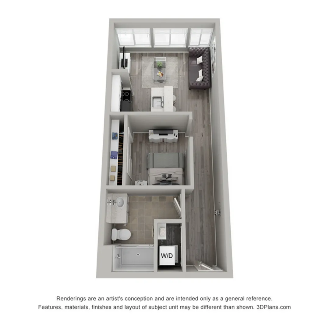 Chic 3D floor plan showcasing a modern one-bedroom apartment with a stylish open-concept living area and convenient in-unit laundry.