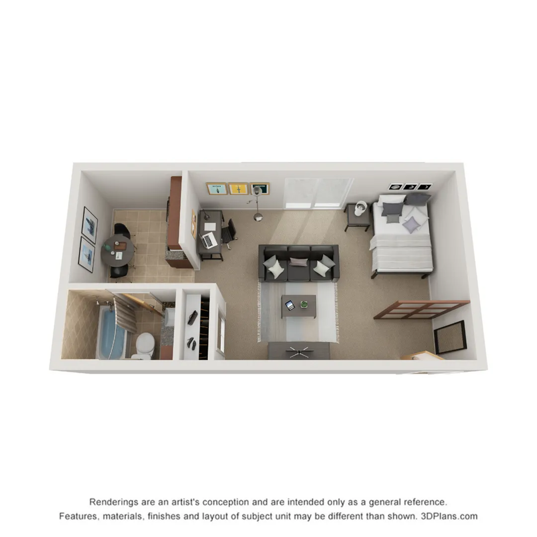 Modern studio apartment 3D floor plan featuring a cozy living area, ample bedroom space, dedicated workspace, and sleek bathroom.
