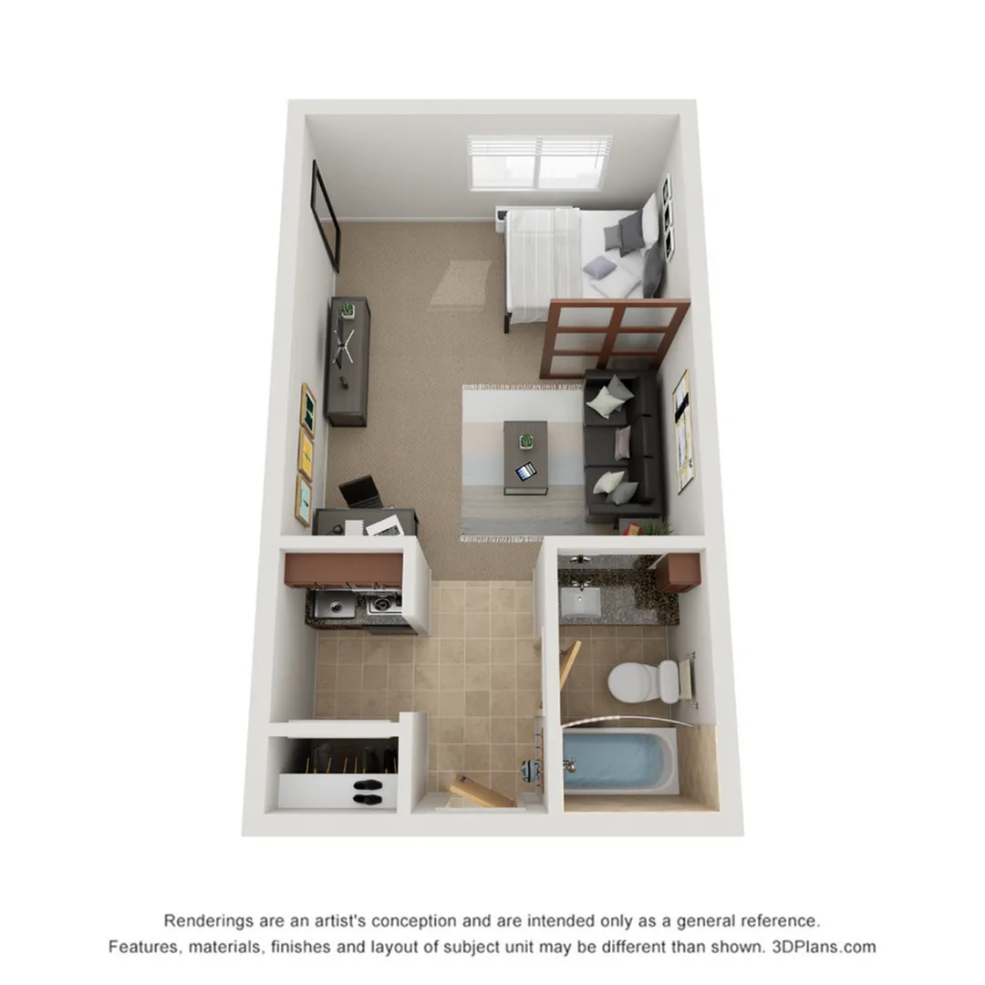 Spacious studio apartment with a modern design, featuring a cozy living area, compact kitchen, and elegant bathroom layout.