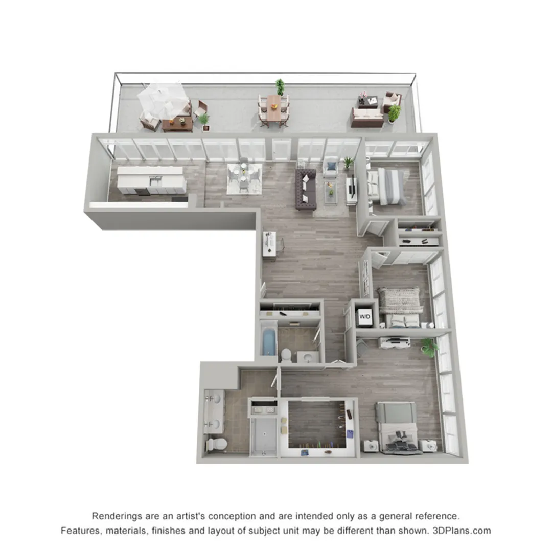 Elegant 3D floor plan depicting a modern apartment with three bedrooms, a chic open-concept living area, and a large balcony.