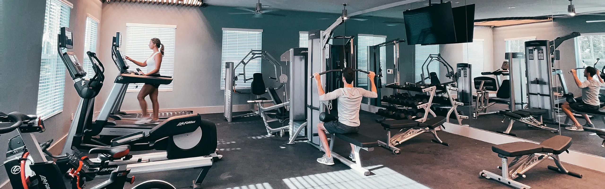 Bright and modern gym featuring state-of-the-art cardio and weight machines, creating an inviting space for fitness enthusiasts.