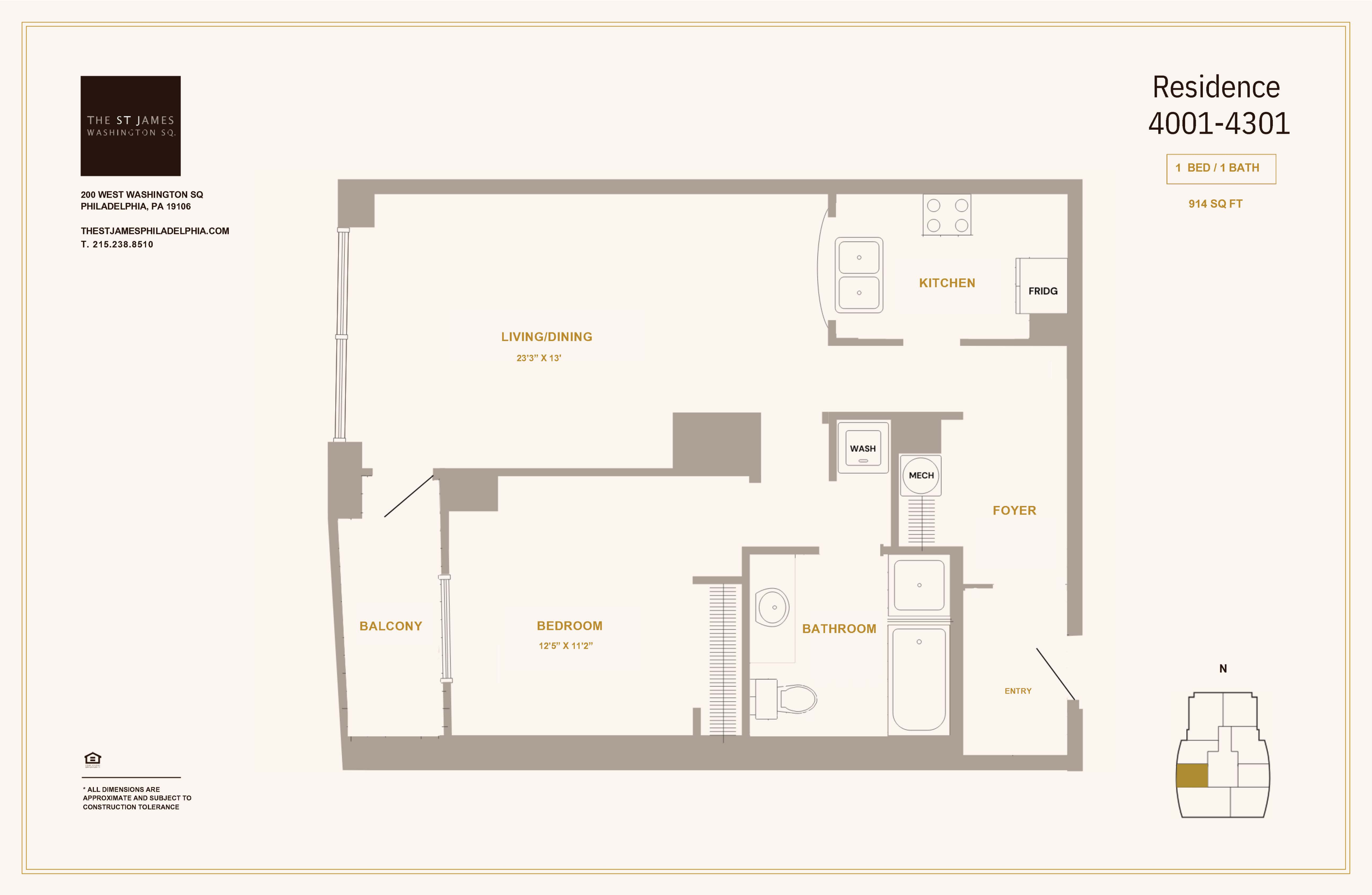 Modern apartment floor plan at The St James featuring 1 bedroom, 1 bath, spacious living/dining area, kitchen, and balcony in 914 sq ft.