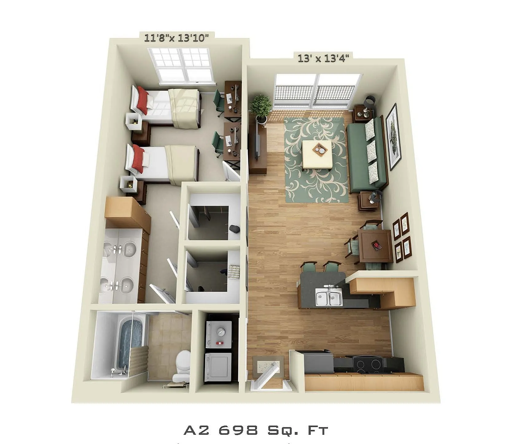 3D floor plan of an apartment with 2 bedrooms, bathroom, living room, and kitchen, totaling 698 sq ft.