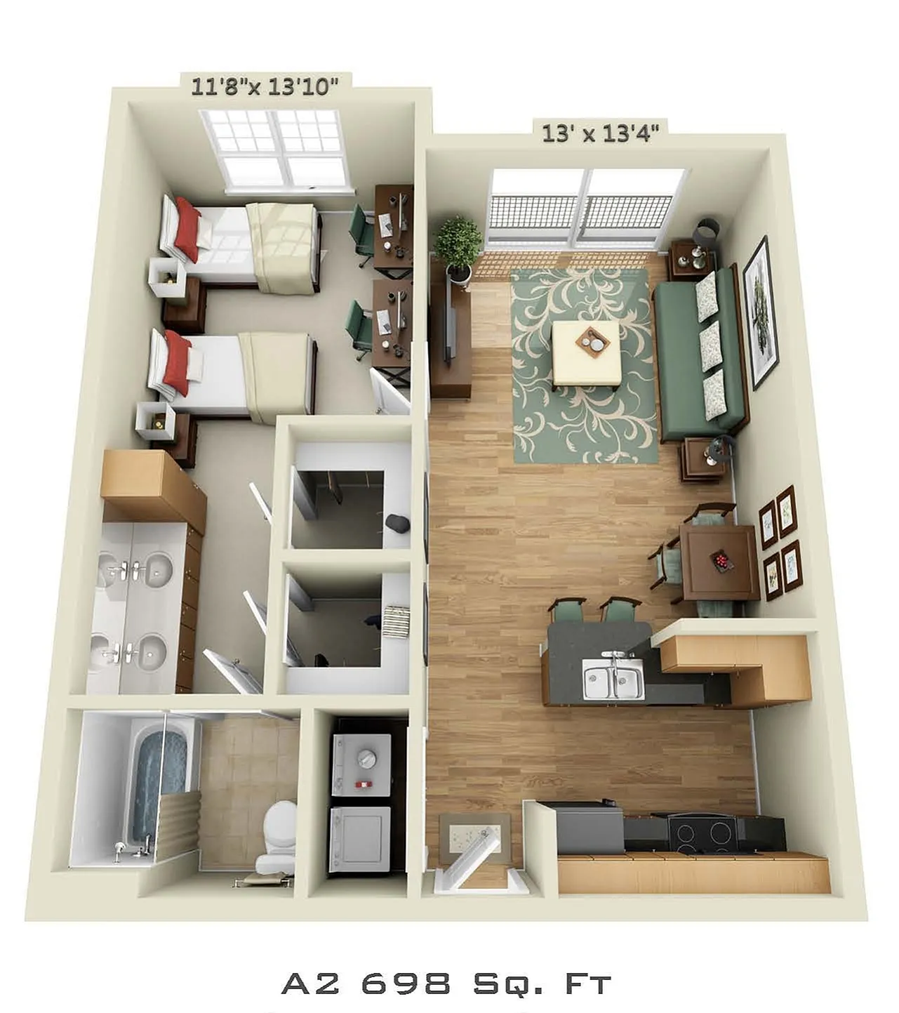 3D floor plan of a 698 sq. ft. apartment with two bedrooms, open living and dining area, and a modern kitchen.