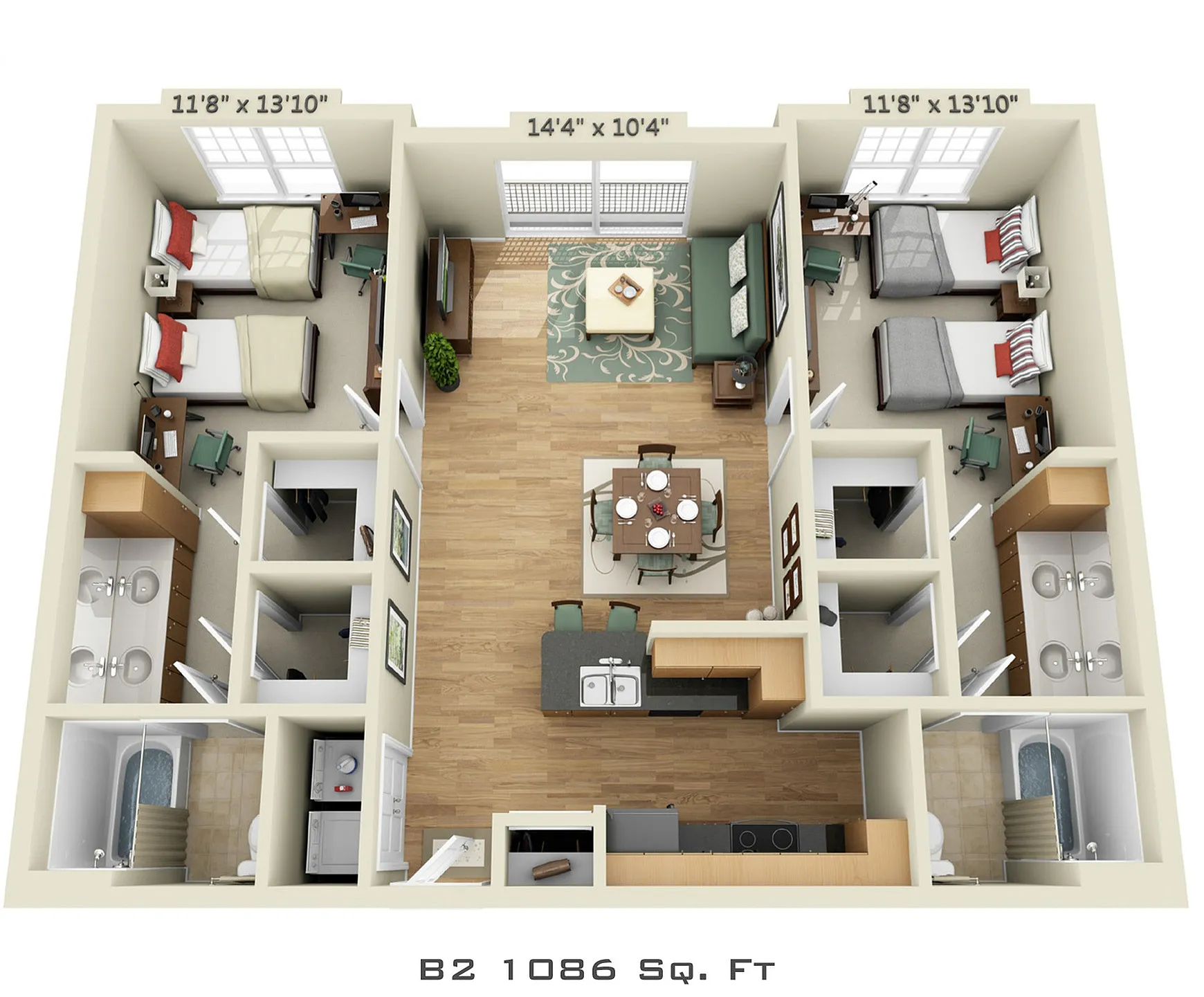 3D floor plan of a modern apartment featuring two bedrooms, large living area, and a kitchen.