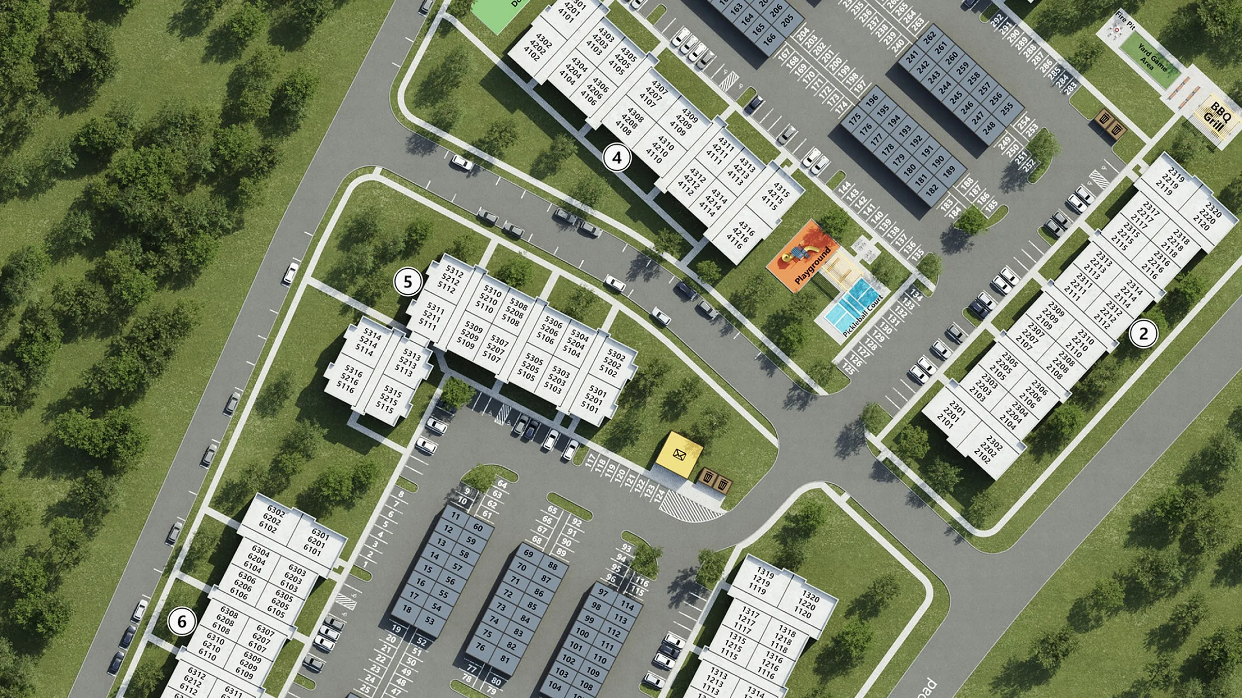 Beautifully detailed site map showcasing a modern apartment complex with multiple residential buildings, vibrant outdoor pool, sports courts, and ample parking surrounded by lush greenery.
