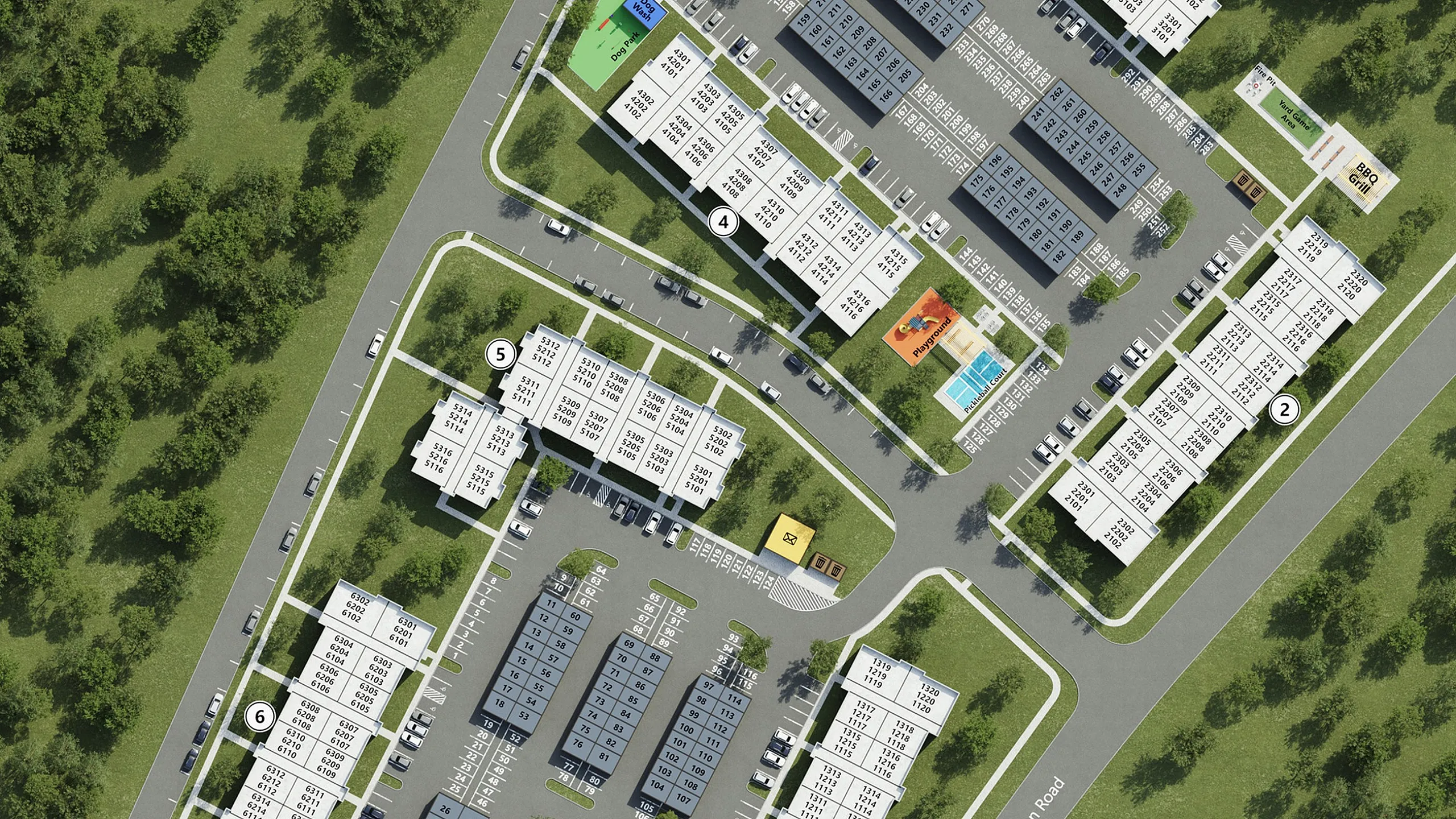 Aerial view of modern apartment complex master plan featuring multiple buildings, landscaped green spaces, and a central pool area, situated along a tree-lined road.
