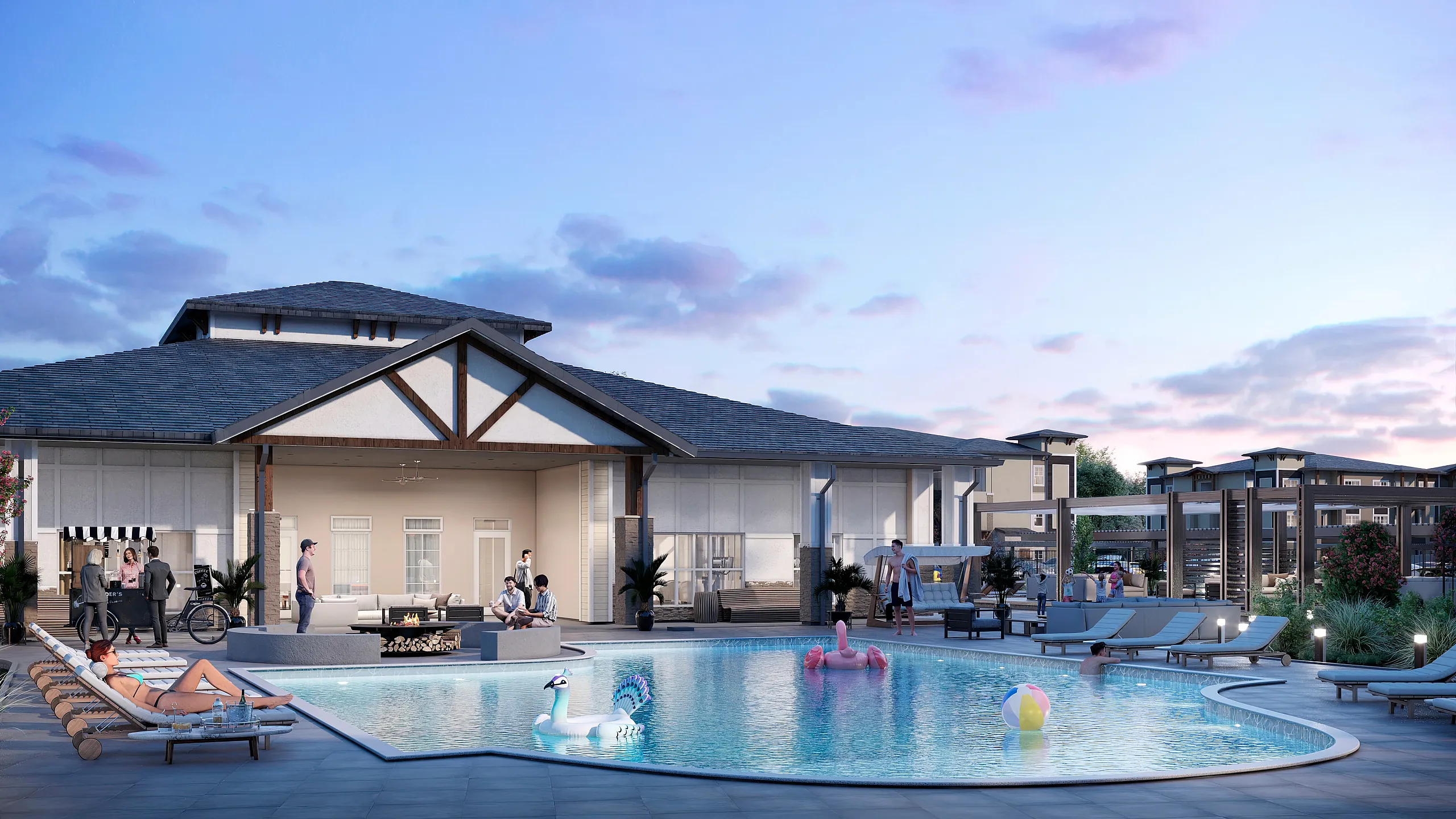Luxurious apartment complex featuring a sparkling pool with lounge chairs, inflatables, and a vibrant social atmosphere.