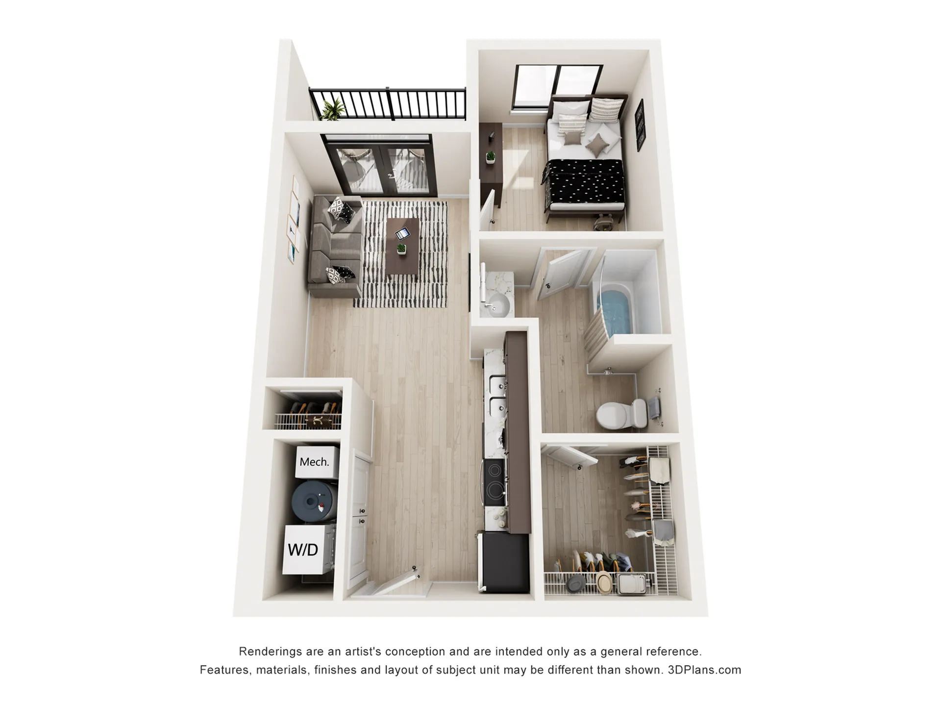 3D floor plan of a one-bedroom apartment with a stylish living area, modern kitchen, and cozy bedroom.