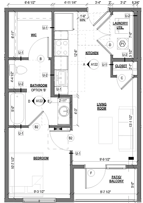 2D floor plan featuring 1 bedroom, bathroom, spacious living room, and kitchen with adjacent patio.