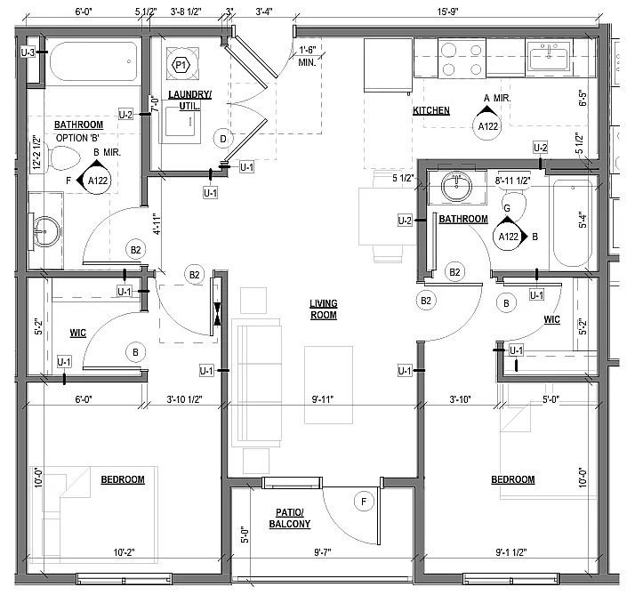 Detailed floor plan featuring 2 bedrooms, open living room, kitchen, and patio/balcony.