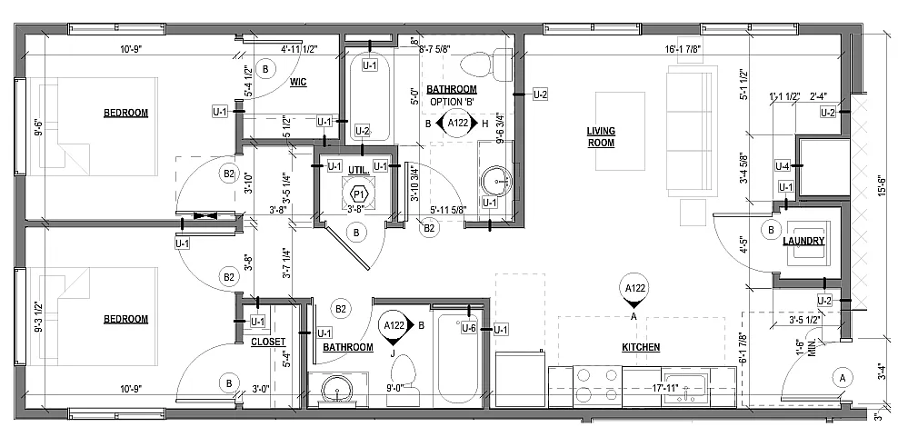 Floor plan with 2 bedrooms, spacious living room, kitchen, laundry, and efficient layout.