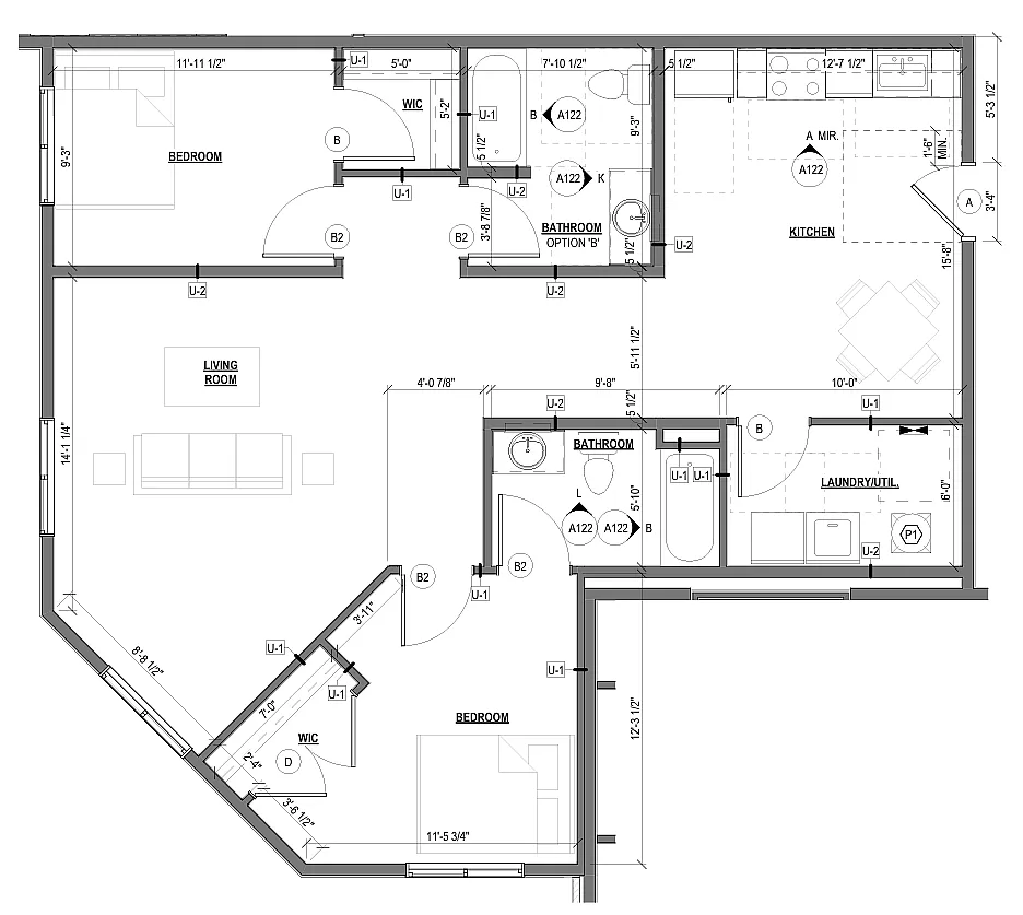 Detailed 2D floor plan featuring two bedrooms, open living and kitchen area, and two bathrooms.