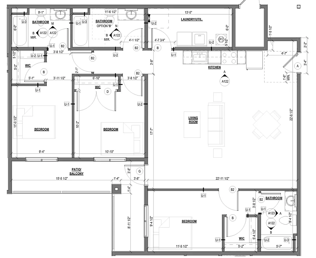 2D floor plan showing 3 bedrooms, open living room, modern kitchen, and large patio balcony.