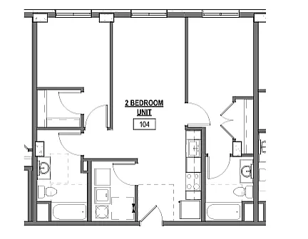 Modern floor plan showcasing a 2-bedroom unit with two bathrooms, a sleek kitchen area, and a versatile living space. Units 104 & 204 offer balanced design and functionality.