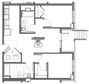 Contemporary floor plan for Units 117 and 123 showcasing a 2-bedroom layout with a spacious living area and modern kitchen.