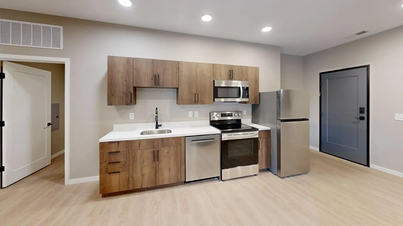 Modern kitchen with sleek wood cabinetry, stainless steel appliances, and elegant fixtures in a contemporary apartment.