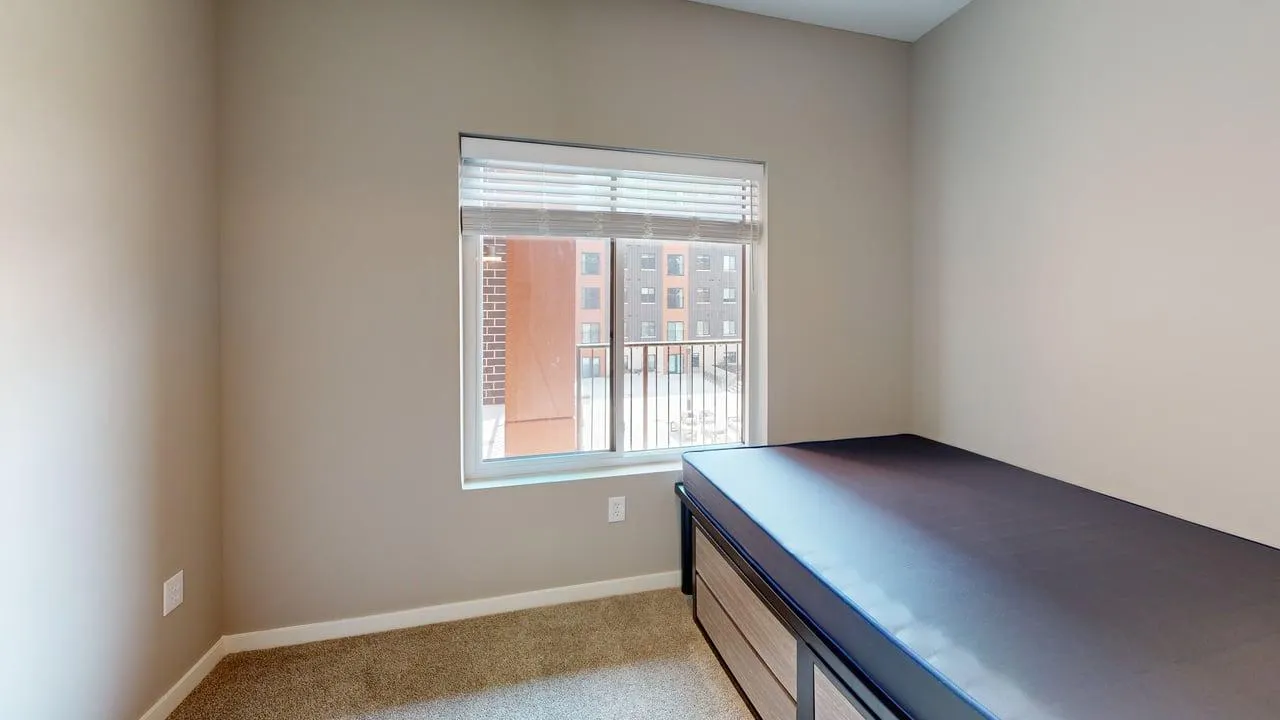 Bright bedroom with cozy carpeting, large window with natural light, and sleek modern furniture.