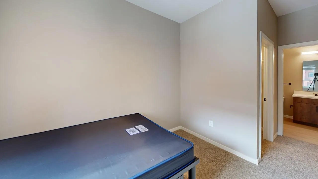 Contemporary bedroom with plush carpet, adjacent to a modern en-suite bathroom, featuring clean lines and abundant natural light.