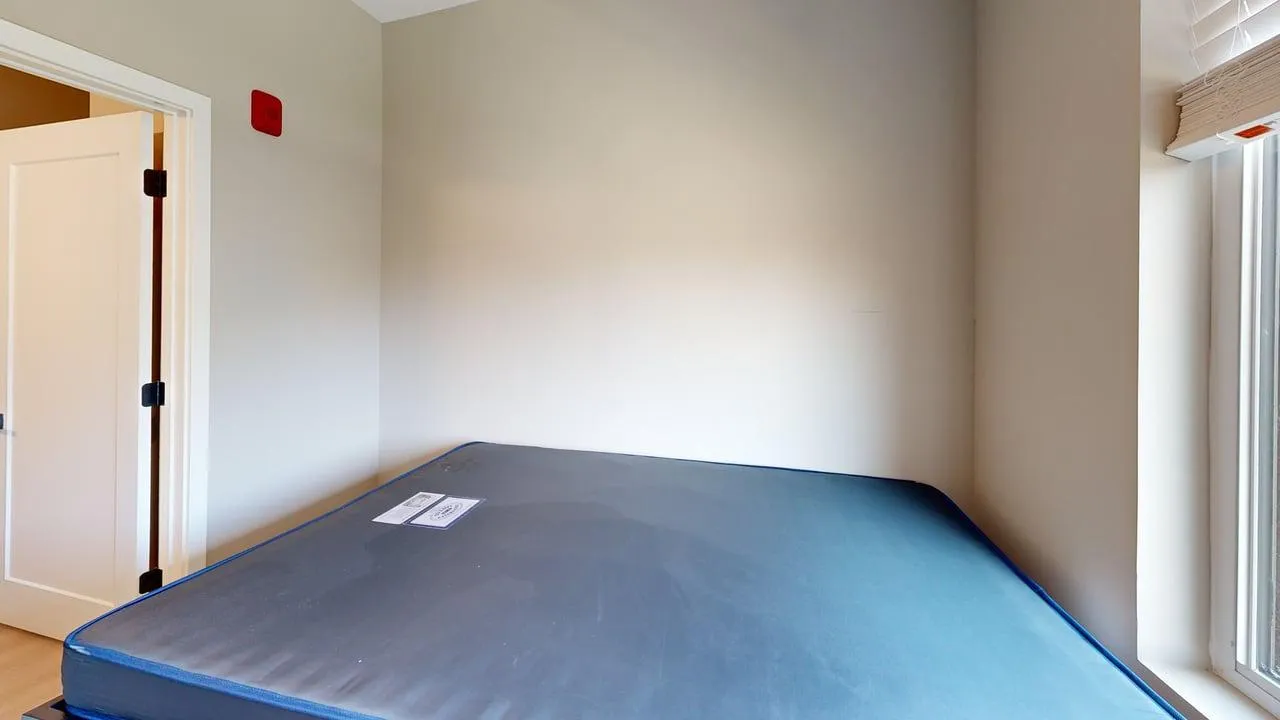 Bright bedroom with a neatly arranged queen-size mattress next to a sunlit window, featuring a minimalist design and modern door.