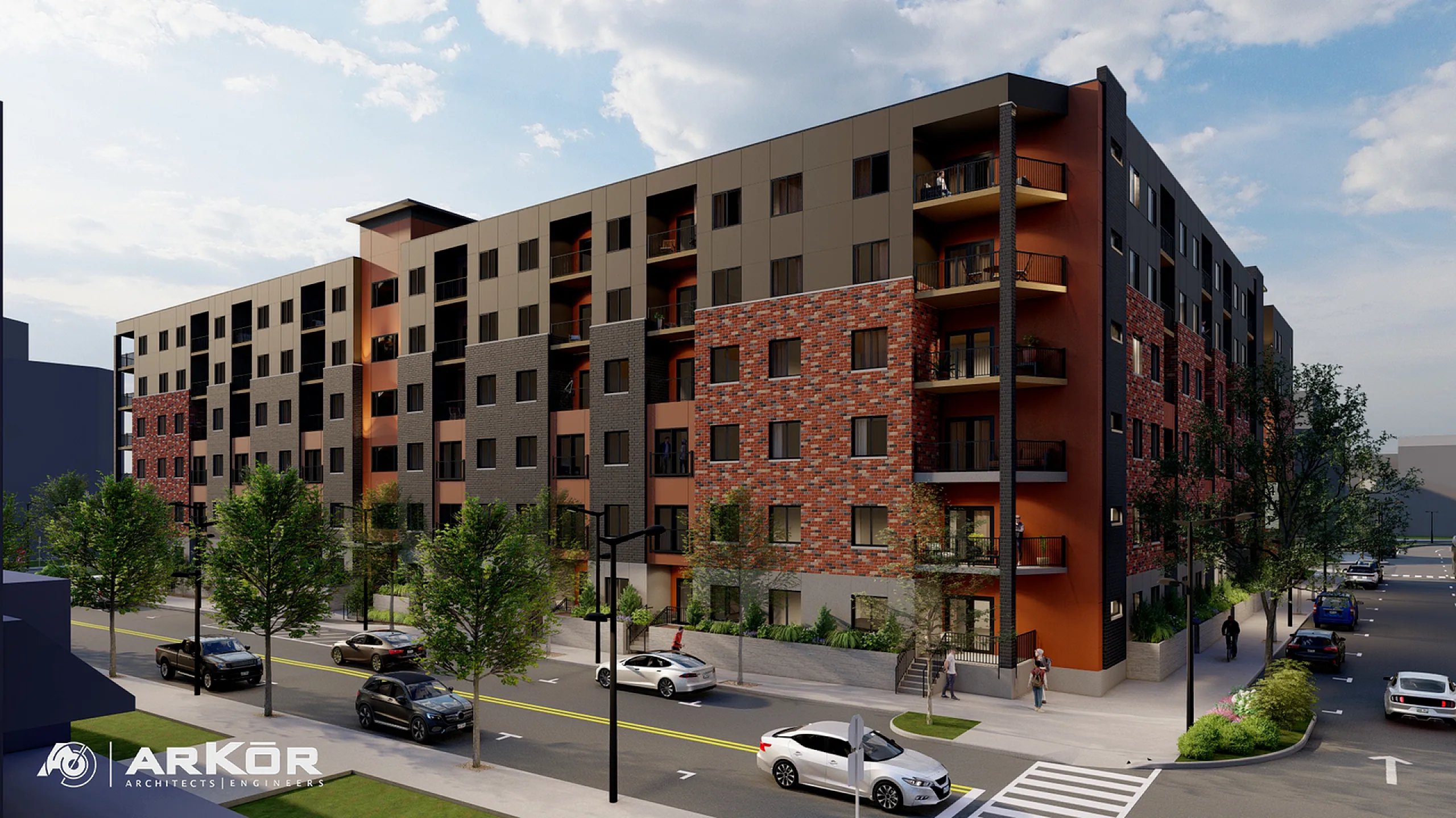 Modern urban apartment complex with stylish fa&ccedil;ade, featuring large balconies and lush greenery, designed for vibrant city living.