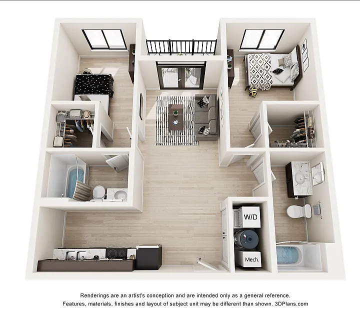 Modern 2D floor plan showcasing a sleek apartment with 2 bedrooms, stylish living room, and contemporary kitchen, perfect for urban living.