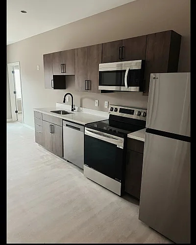Modern kitchen with sleek stainless steel appliances, elegant cabinetry, and ample counter space, perfect for home cooking enthusiasts.