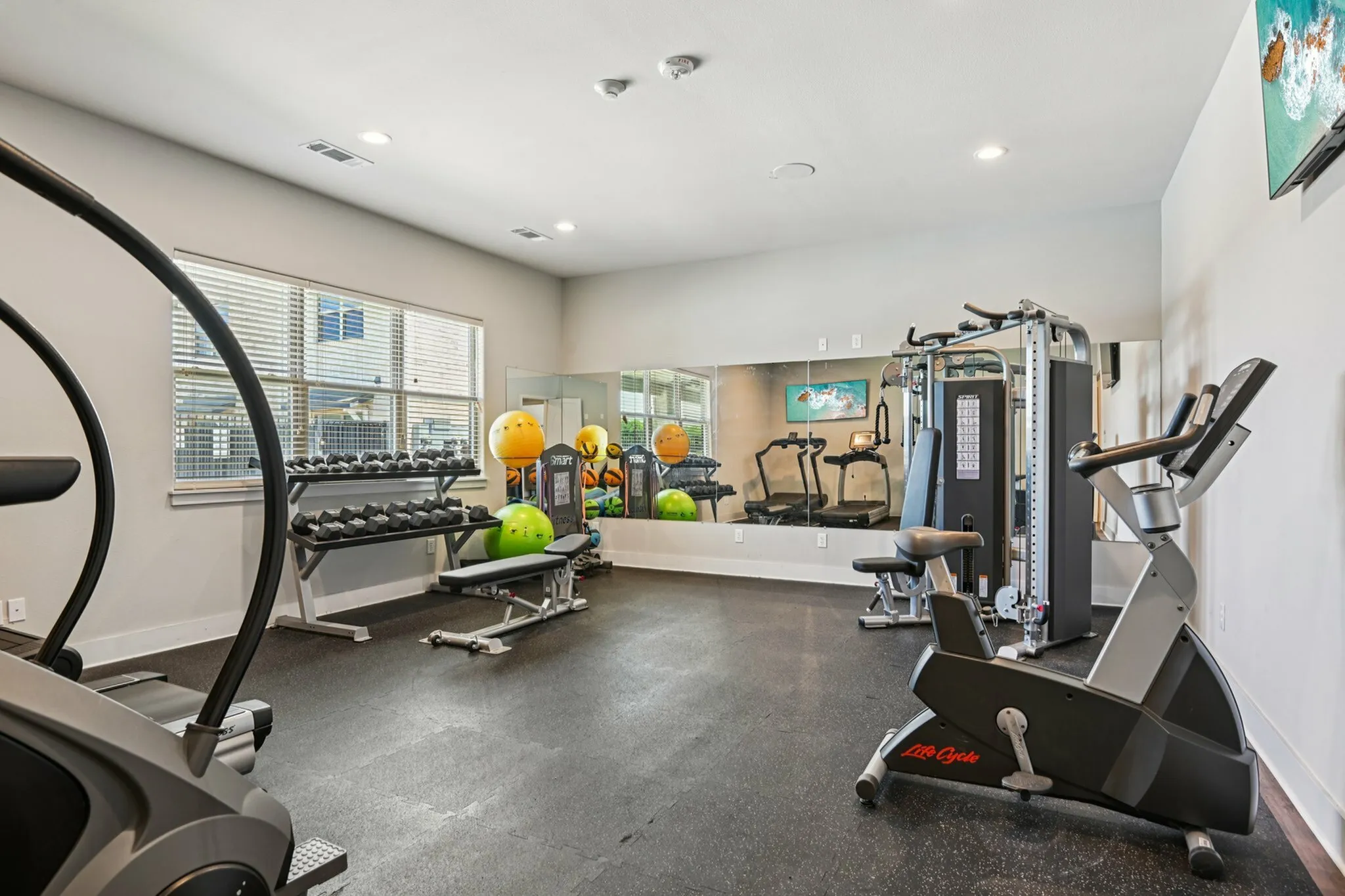 Inviting fitness room featuring modern exercise equipment, a well-stocked weight rack, vibrant fitness balls, and large mirrors for an enhanced workout experience.