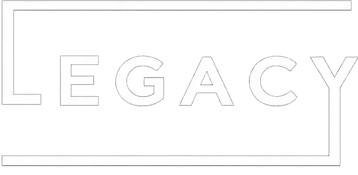 Modern graphic design with bold 'Legacy' text against a dynamic black and white digital backdrop.