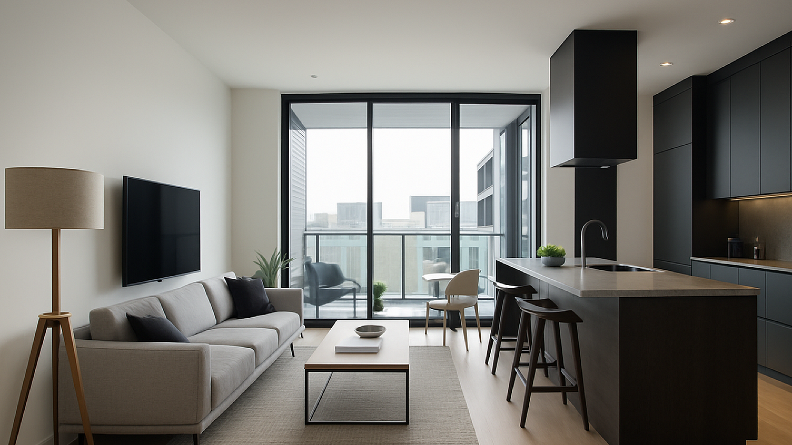 Modern Los Angeles apartment with floor-to-ceiling windows, minimalist d&eacute;cor, a sleek dark kitchen, light wood flooring, and an open living space leading to a private balcony