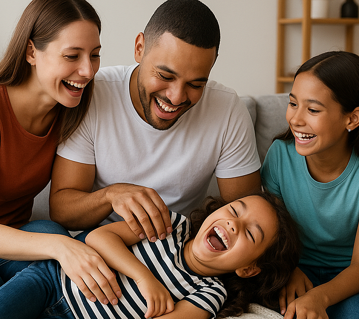 A modern mixed-race family laughing together on a couch in a bright, contemporary living room, creating a warm and welcoming atmosphere that reflects community, comfort, and modern apartment living