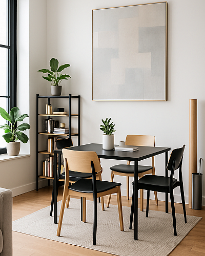A modern Los Angeles apartment dining area featuring minimalist furniture, warm wood flooring, black-framed windows, indoor plants, and contemporary decor&mdash;showcasing stylish, airy, and well-designed apartment living