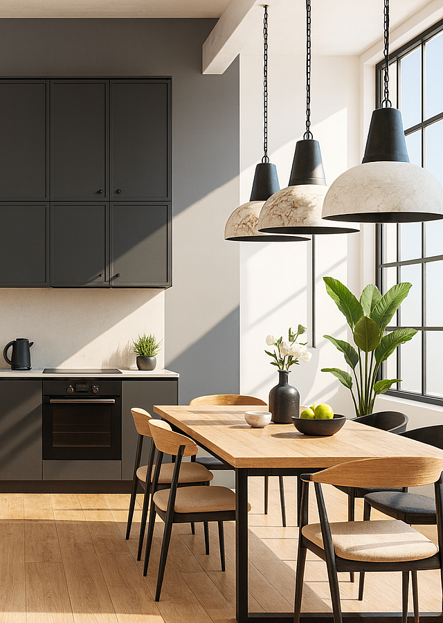 A modern Los Angeles apartment kitchen and dining area with sleek black cabinetry, oversized pendant lighting, natural wood flooring, and large industrial-style windows&mdash;showcasing bright, contemporary, design-focused apartment living
