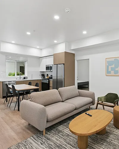 Modern open-concept apartment living area with chic decor, expansive kitchen, and inviting natural light.