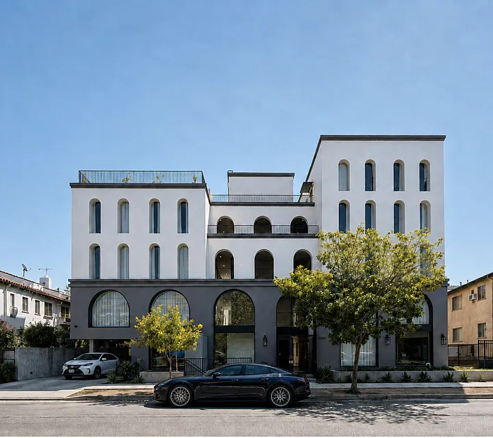 Elegant modern apartment building with arched windows, sleek exterior, and lush greenery, offering luxurious urban living.
