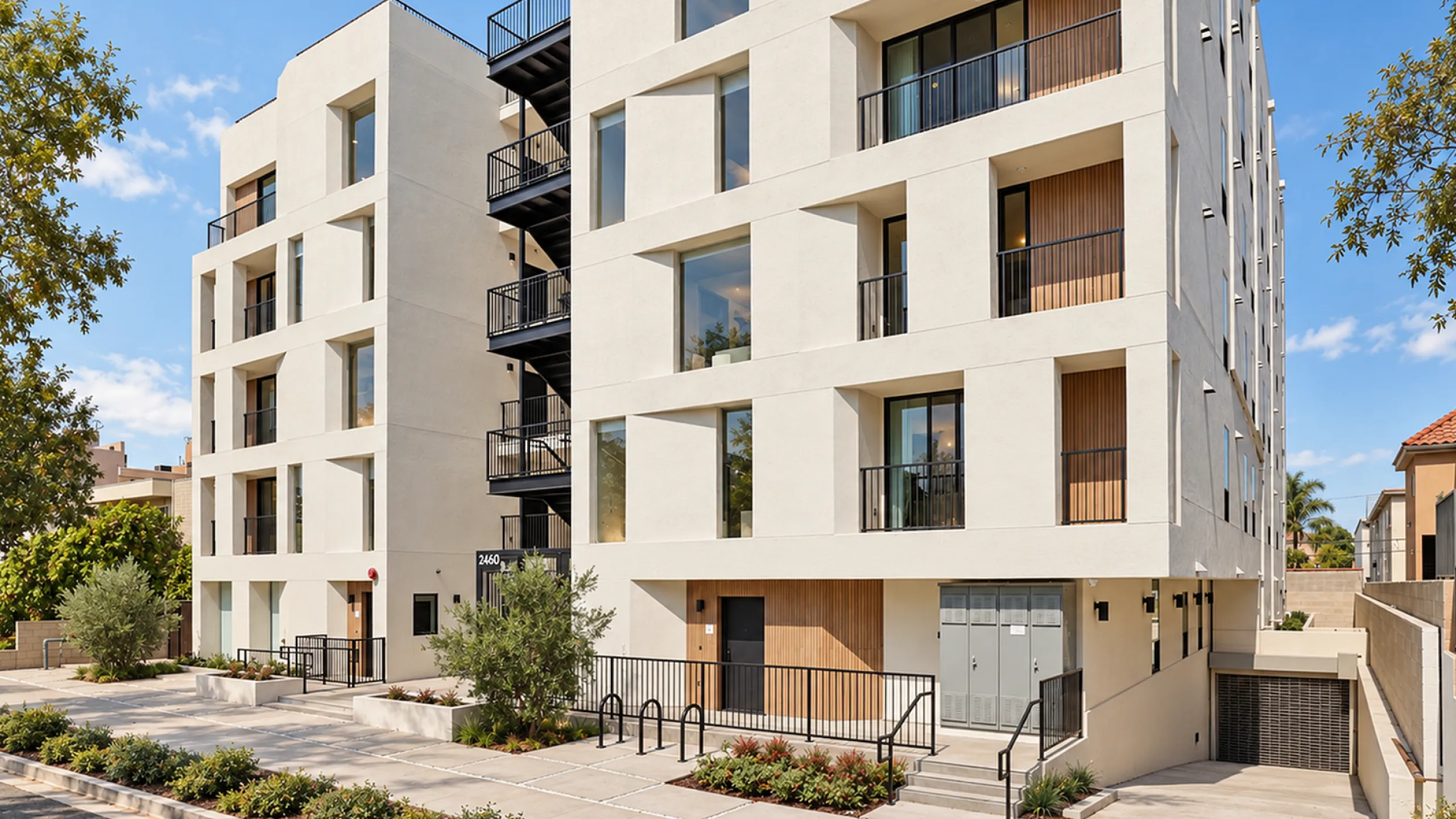 Modern apartment building exterior with sleek design and ample natural light, featuring balconies and landscaped surroundings.
