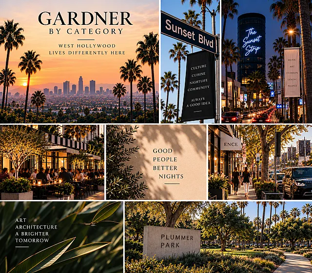 Vibrant West Hollywood collage showcasing stunning skyline views, energetic Sunset Boulevard nightlife, stylish dining spots, and serene Plummer Park. Experience culture, cuisine, and community in a lively atmosphere.
