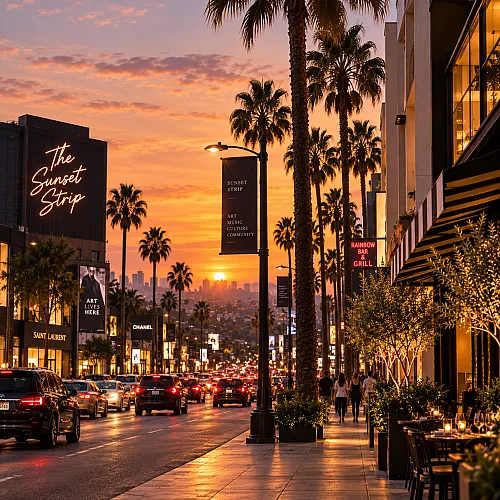 Vibrant Sunset Strip view with a stunning orange sky, iconic palm trees, and bustling nightlife atmosphere.